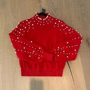 Charter Club Red 100% cashmere Sweater with Pearl Details small